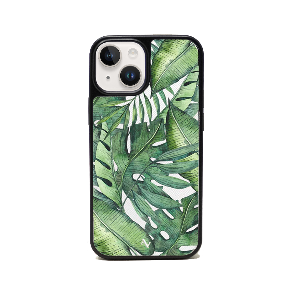 MAAD Tropical Plants Creta iPhone 14 Plus Leather Case in vegan saffiano leather with a soft rubber rim, showcasing personalization options.